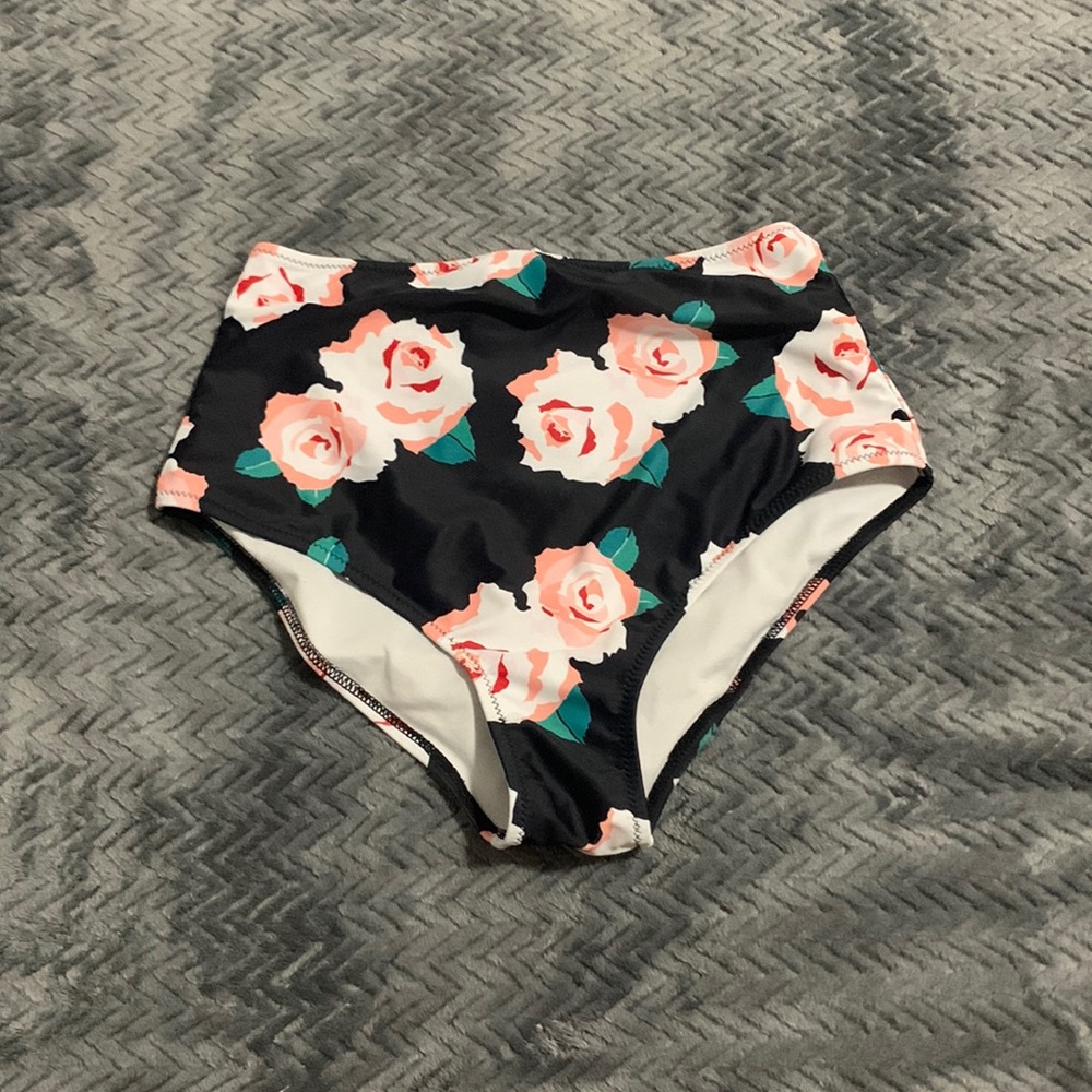High waisted floral swim bottoms full coverage black with pink flowers
